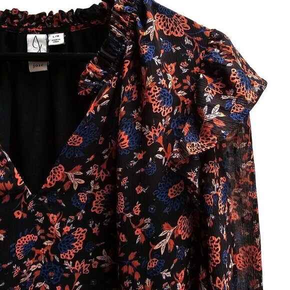 Joie Women's Floral Long Sleeve Blouse Size L Black Red & Blue Floral Size Large - Picture 7 of 12